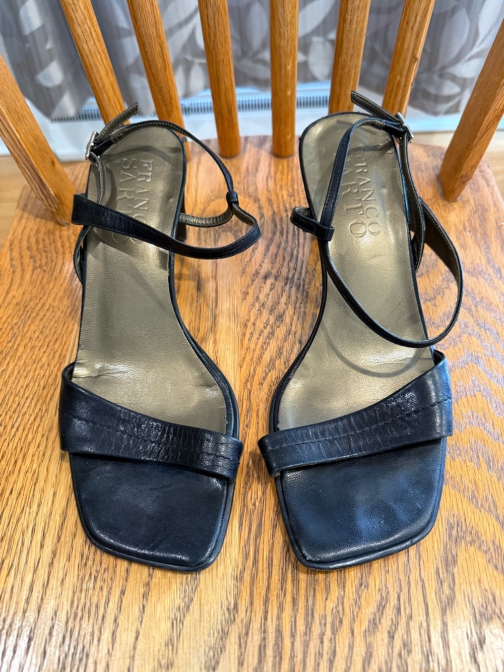 Franco Sarto Black Leather Square-Toe Ankle-Strap Sandals